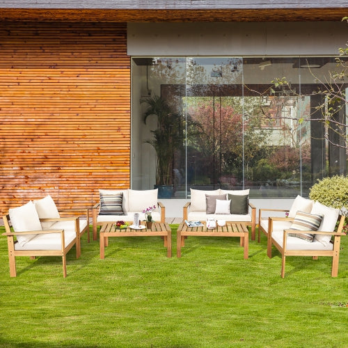8PCS Patio Furniture Set Acacia Wood Thick Cushion Loveseat Sofa